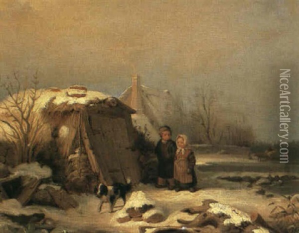 Vinterlandskap Med Barn Och Hund Vid Kallarbyggnad Oil Painting - Bengt Nordenberg