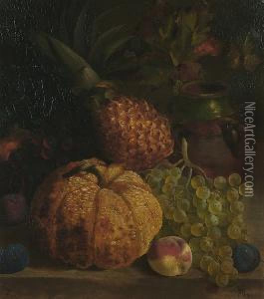 Still Life Of Fruit And An Earthenware Jar On A Ledge Oil Painting - William Hughes