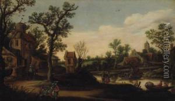 A Wooded River Landscape With A Ferry And Figures On A Track Oil Painting - Esaias Van De Velde