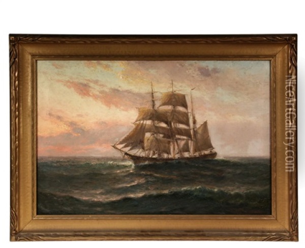 Barque Underway At Sunset Oil Painting - Theodore Victor Carl Valenkamph