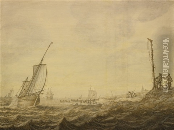 Shipping In A Choppy Sea Near A Beach Oil Painting - Cornelis Pietersz De Mooy