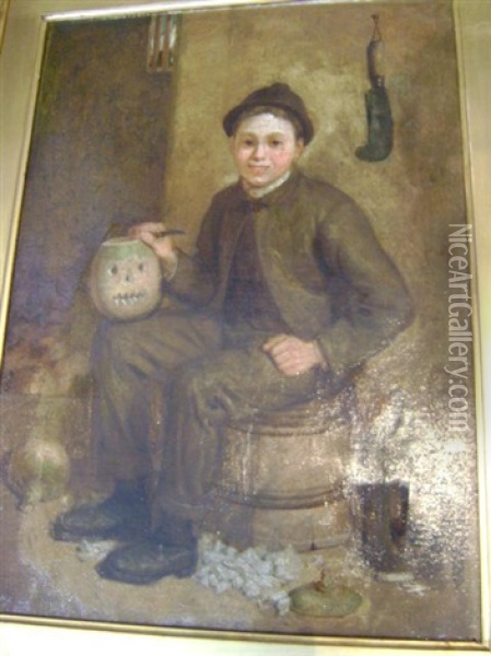 Boy Carving A Turnip Seated On A Barrel Oil Painting - James Campbell