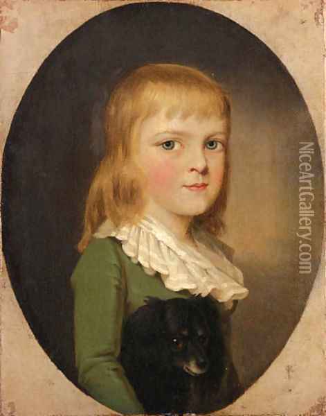 Portrait of Frederick William Hallet Hodges, half-length, in a green coat, with a black spaniel, feigned oval Oil Painting - John Downman