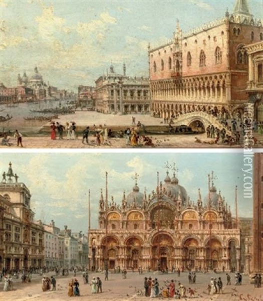 A View Of The San Marco (+ An Elegant Company In Front Of The Palazzo Ducale, Venice; Pair) Oil Painting - Giovanni Grubas