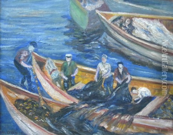 Fishermen Hauling In Nets Oil Painting - Mabel E. Davis