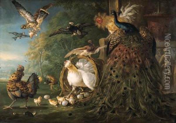A Peacock, A Cockerel, A Hen 
With Her Chicks, A Kestrel With Itsprey And Other Birds, By A Bas-relief
 Sculpture, A Landscapebeyond
Signed And Dated 'pcasteels F/1729.' Oil Painting - Pieter III Casteels