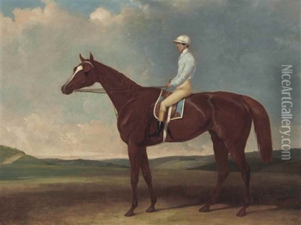 Lord George Bentinck's Miss Elis, Winner Of 1845 Goodwood Cup, With G. Abdate Up Oil Painting - Abraham Cooper