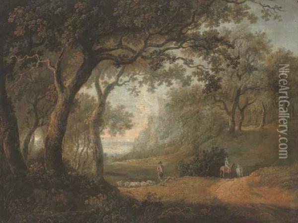 A Wooded Landscape With A Shepherd And His Flock, And A Figure Riding On A Track Oil Painting - Alexander Nasmyth