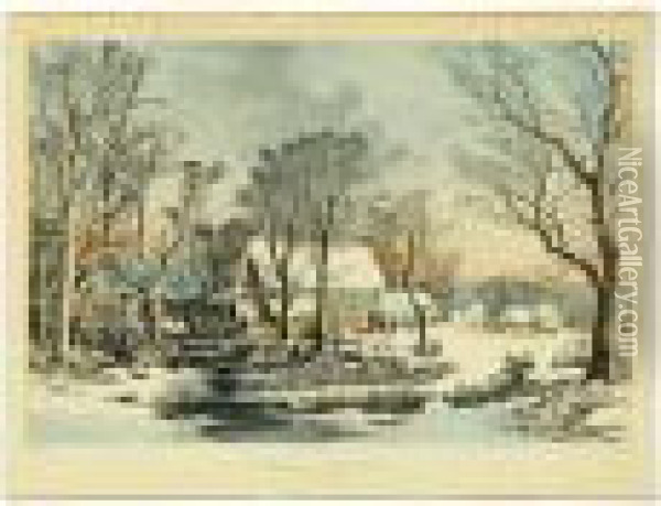 Winter In The Country, The Old Grist Mill Oil Painting - Currier & Ives Publishers