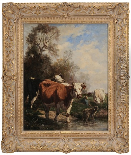 Cows With Shepherd And Dog In Marsh Oil Painting - Marie Dieterle