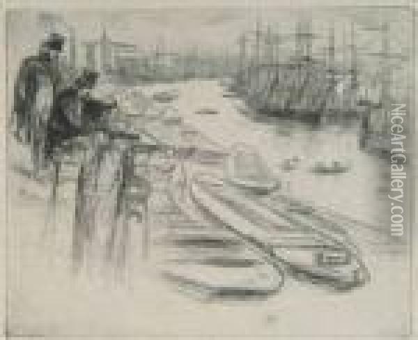 Gentlemansketching Overlooking A Harbour Oil Painting - James Abbott McNeill Whistler