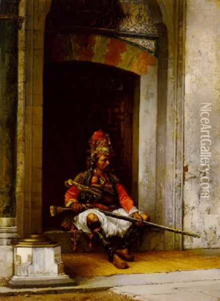 A Seated Bashi-bazouk With A Rifle Oil Painting - Stanislaus von Chlebowski