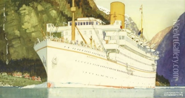 Royal Mail 'atlantis Cruises' Ocean Liner In A Fjord Oil Painting - Kenneth Shoesmith