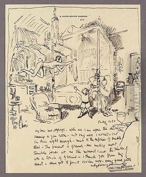 An Illustrated Letter To Mrs St George The Bedroom At Clonsilla Oil Painting - Sir William Newenham Montague Orpen