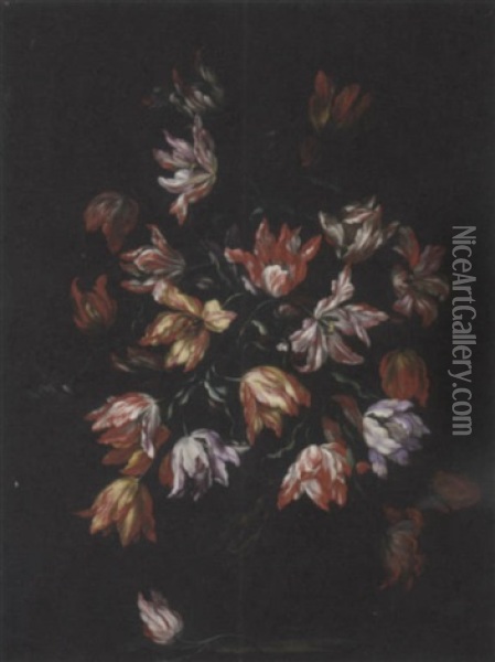 Tulipani In Un Vaso Scolpito Con Venere E Amorini Oil Painting - Mario Nuzzi