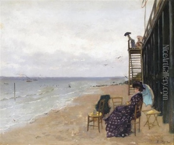 Beach Scene With An Elegant Lady Seated By Stairs Oil Painting - Ernest-Ange Duez