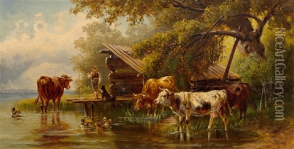Shepherd Boy On Lake Starnberg Oil Painting - Christian Friedrich Mali