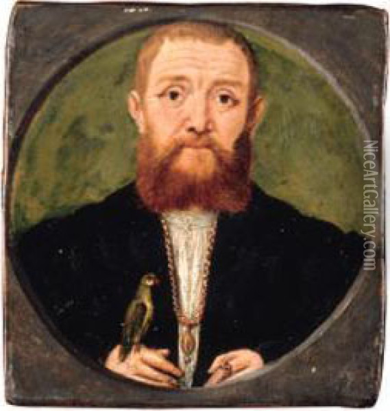 Portrait Of A Man, Head And Shoulders, In A Black Jacket And Goldchain, A Parakeet Resting On His Hand Oil Painting - Ludger Tom Ii Ring