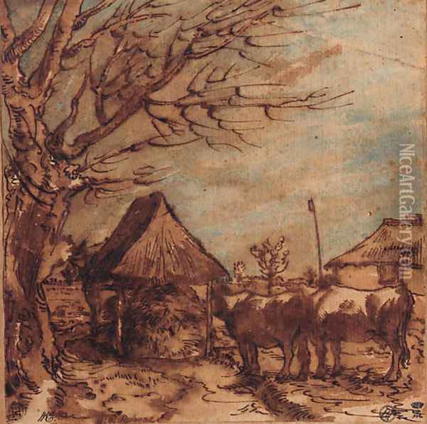 Two cows by a covered haystack under a pollarded tree Oil Painting - Gillis Claesz. De Hondecoeter