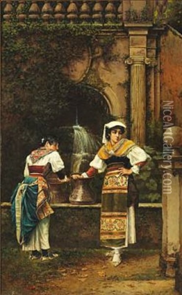 Two Italian Women Fetching Water From A Fountain Oil Painting - Vilhelm Rosenstand