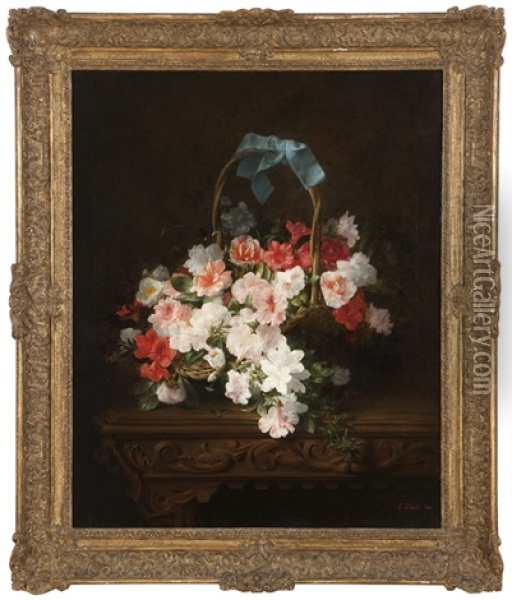Still Life Of Azaleas And Camellias In A Wicker Basket Oil Painting - Joseph-Eugene Gilbault