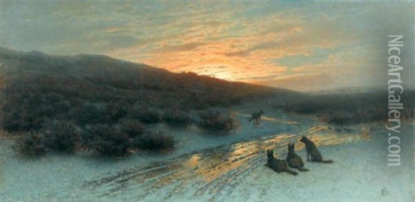 Schneelandschaft Mit Wolfen Bei Abendrot Oil Painting - Zdzislav Suchodolski