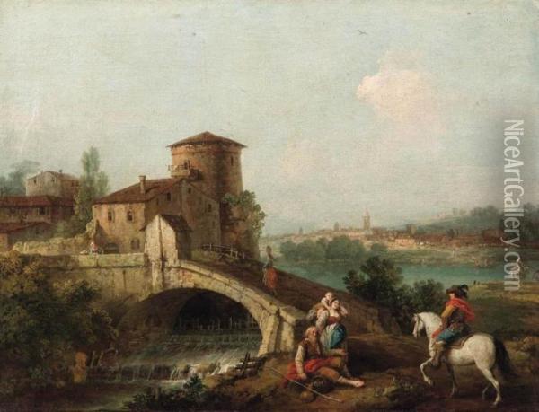 Paesaggio Fluviale Con Ponte, Villaggio E Viandanti Oil Painting - Francesco Zuccarelli