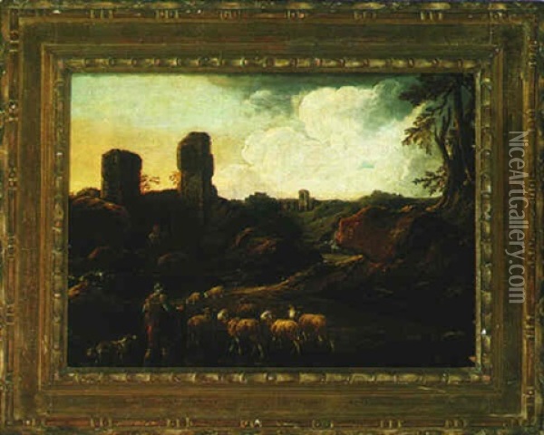 Southern Landscape With A Herdsman And His Flock Oil Painting - Johann Melchior Roos