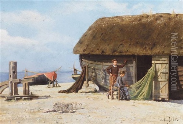 Fischerfamilie Am Strand; Junge Frau Flickt Netz Oil Painting - Heinrich Issel