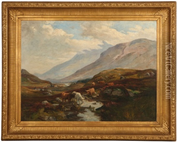 Cattle Watering In A Highland River Valley Oil Painting - William Greaves
