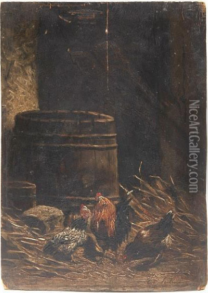 Roosters In A Barn Oil Painting - Theodore Frederic Salmon