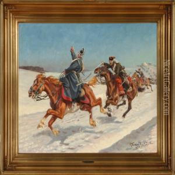 Danish Fightingdragoons, Winter Oil Painting - Karl Frederik Hansen-Reistrup