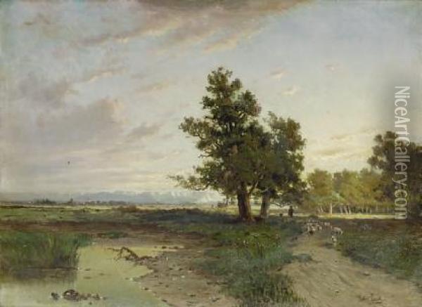 Schafherde Im Dachauer Hinterland. Oil Painting - Franz Reder-Broily