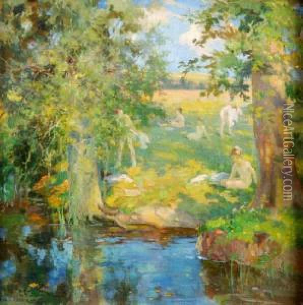 Figures Bathing In A Woodland Pool Oil Painting - Arthur Henry Jenkins