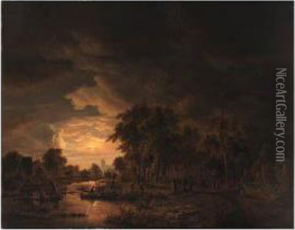 A Moonlit Wooded River Landscape With A Church In Thedistance Oil Painting - Jacobus Theodorus Abels