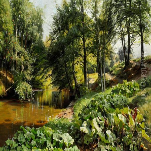 Sunny May Day With A Stream And Docks In The Foreground Oil Painting - Peder Mork Monsted