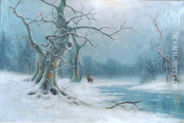 Deer In A Winter Landscape Oil Painting - Nils Hans Christiansen