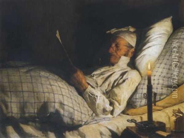 Bauer, Im Bett Lesend I Oil Painting - Albert Anker