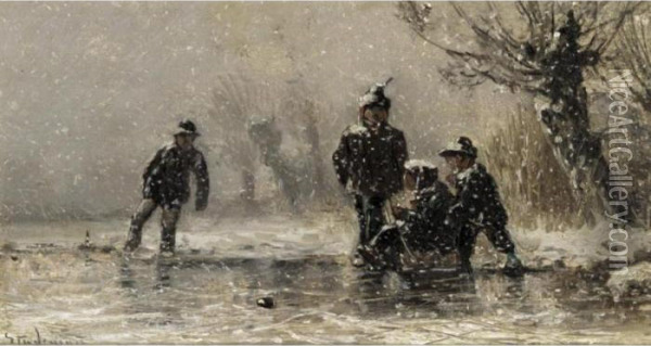 Skating In The The Blizzard Oil Painting - Adolf Stademann