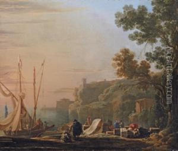 A Mediterranean Coastal Inlet With Merchants Unloading Boats, A Temple Beyond Oil Painting - Jan Asselyn