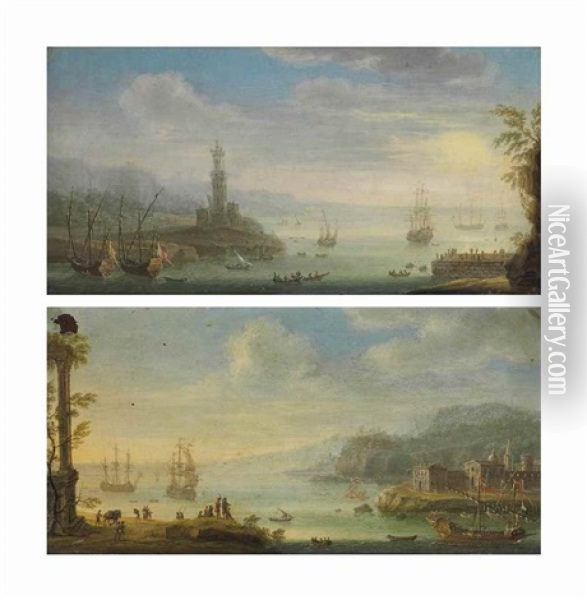 An Italianate Harbor With A Barge, Men-o'-war And Other Shipping, A Walled Town Beyond; And An Italianate Harbor With Men-o'-war And Other Shipping Oil Painting - Charles-Leopold Grevenbroeck