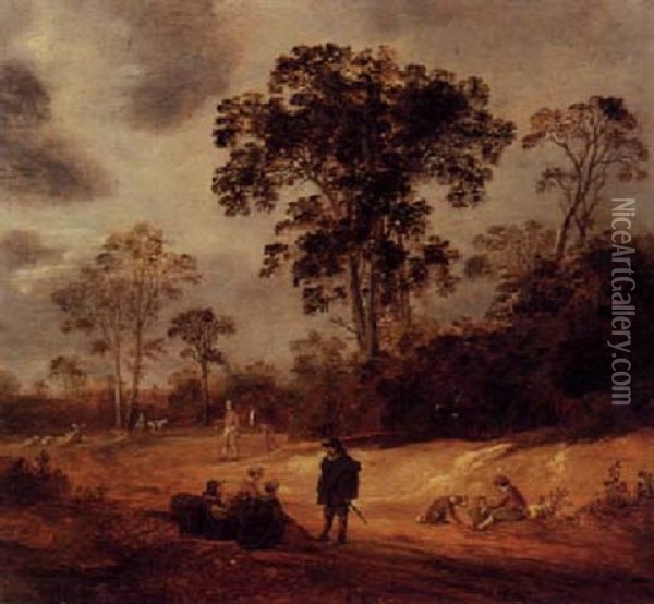 Wooded Landscape With Travellers Resting On A Path Oil Painting - Reyer Claesz Suycker