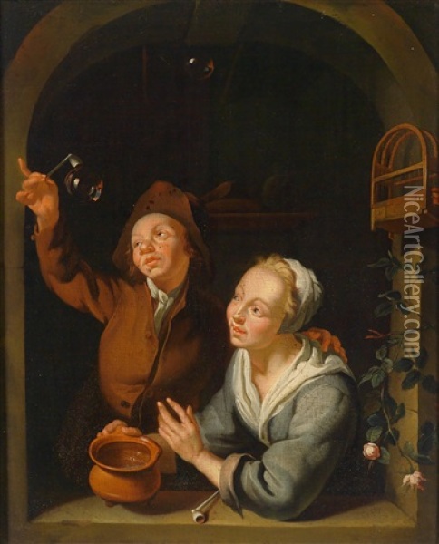 Ein Junges Paar Beim Herstellen Von Seifenblasen Oil Painting - Louis de Moni