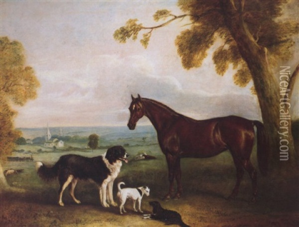 A Chestnut Hunter And Dogs At Kirby Park Oil Painting - John E. Ferneley