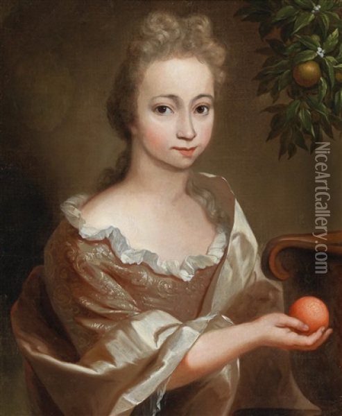 Portrait Of A Young Girl With An Orange Tree Oil Painting - Arnold Boonen