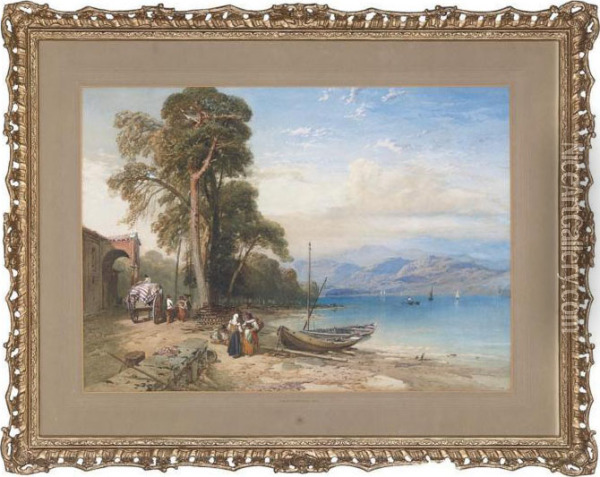 Figures Gossiping On The Edge Of An Italian Lake Oil Painting - Thomas Miles Richardson