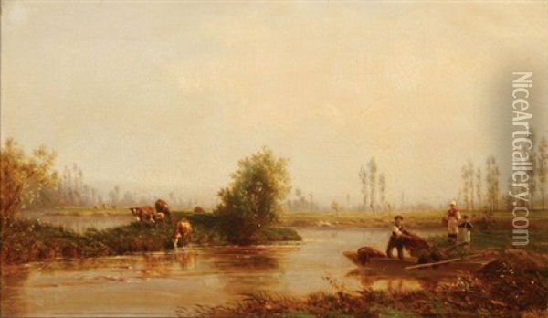 Bucolic Summer Landscape With Figures Along River Oil Painting - Karl Girardet