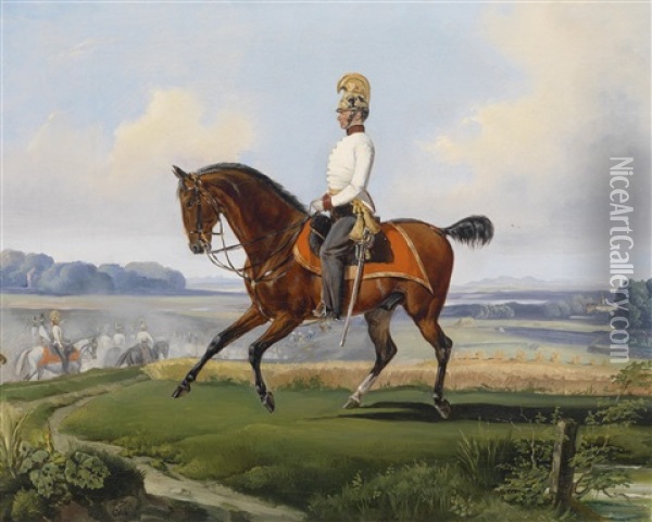 Oberleutnant Theodor V. Klein (zehlendorf 1803-1863 Geltschberg) In Der Uniform Des K. K. Dragonerregimentes Nr. 3 Auf Einem Ubungsritt Oil Painting - Albrecht Adam