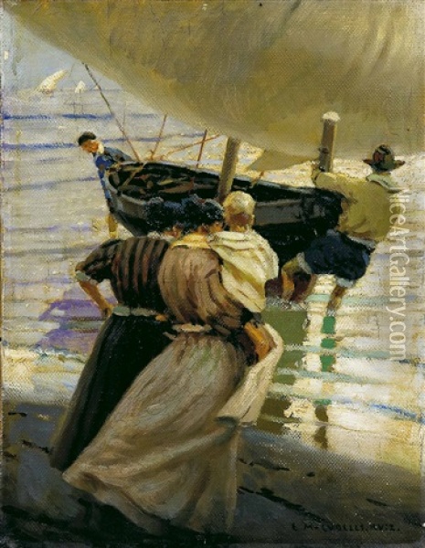 Sacando La Barca Oil Painting - Enrique Martinez Cubells y Ruiz