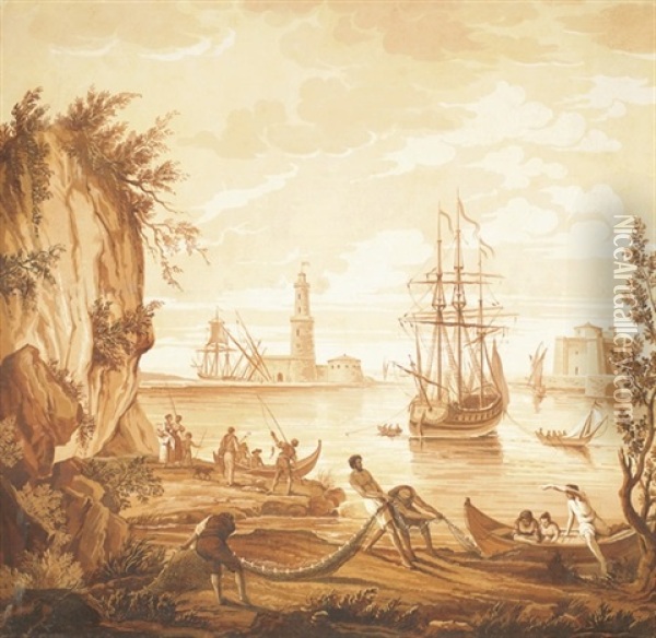 A Mediterranean Coastal Harbour Oil Painting - Jean Baptiste Pillement